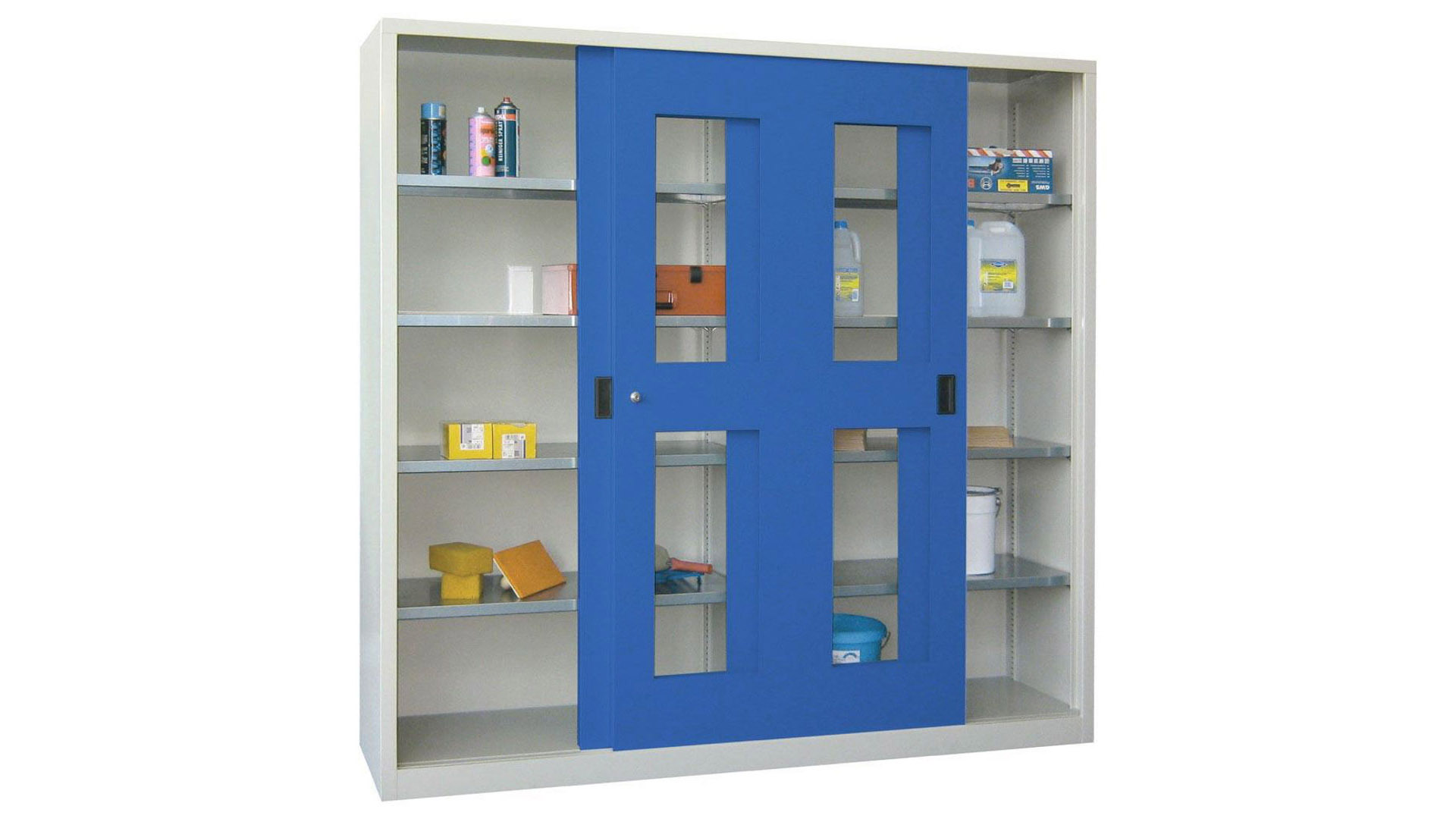 Schiebetürenschrank - Sichtfenstertüren - 1.950x2.000x600 mm (HxBxT) - 8 Böden, verzinkt - Zylinderschloss - lichtgrau/enzianblau