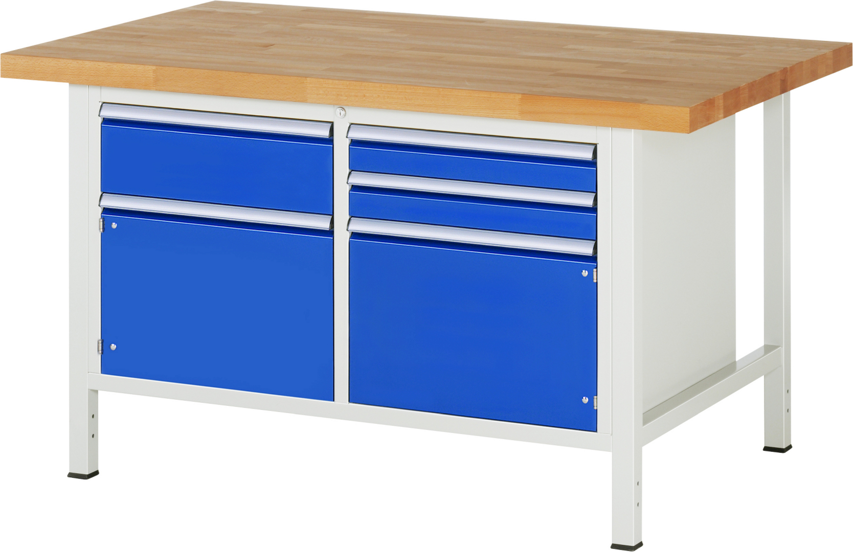 Werkbank Modell 8467,  BxTxH 1500x900x840-1040 mm,  Buche-Massiv Arbeitsplatte 40 mm,  3 Schubladen mit  Auszug 90 %