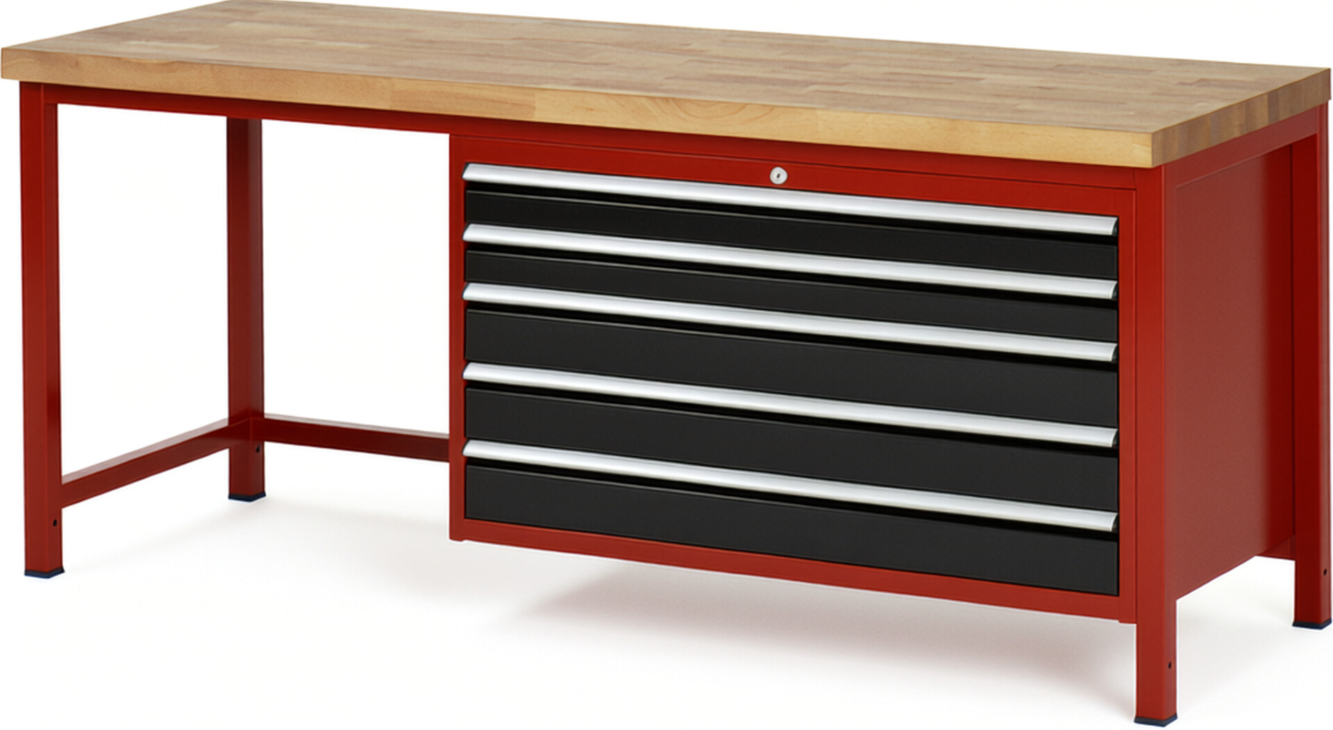 Werkbank Modell 8371 rot - schwarz, BxTxH 2000x700x840 mm,  Buche-Massiv Arbeitsplatte 40 mm,  5 Schubladen mit  Vollauszug 100 % und  SoftClosing