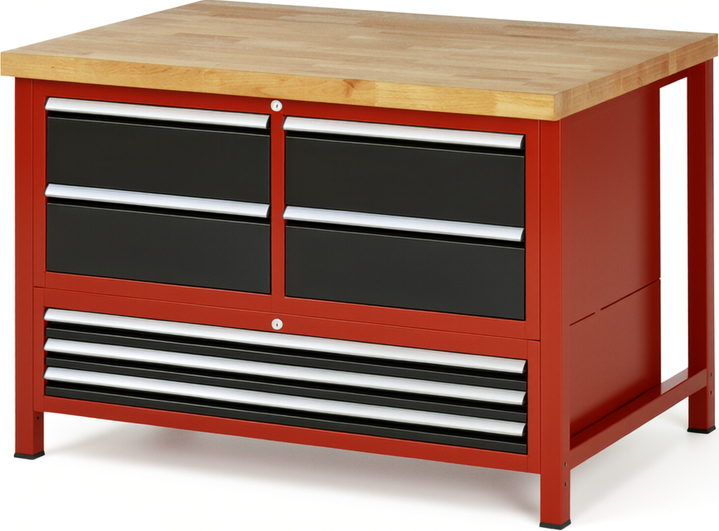 Werkbank Modell 8934 rot - schwarz, BxTxH 1250x900x840 mm,  Buche-Massiv Arbeitsplatte 40 mm,  7 Schubladen mit  Auszug 90 %