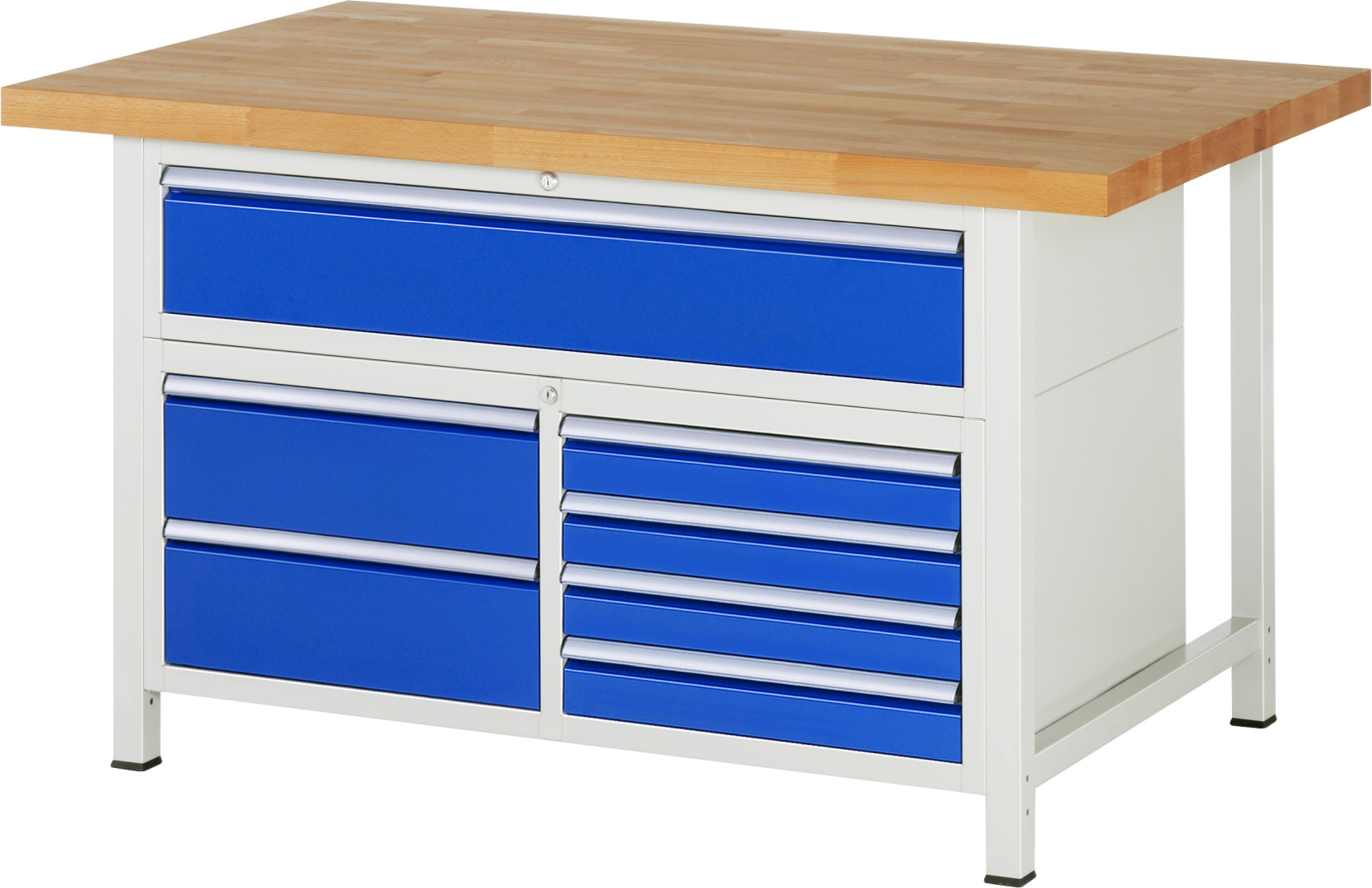 Werkbank Modell 8921,  BxTxH 1500x900x840-1040 mm,  Buche-Massiv Arbeitsplatte 40 mm,  7 Schubladen mit  Vollauszug 100 % und  SoftClosing