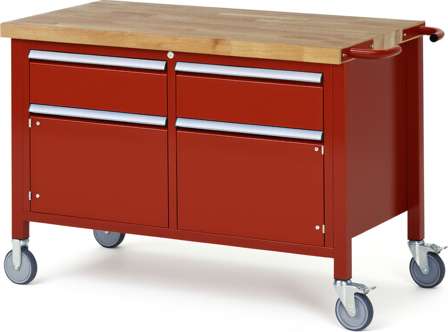 RAU Werkbank rot - Breite 125 cm - Tiefe 70 cm - Höhe 108 cm - Buche-Massiv Arbeitsplatte 40 mm