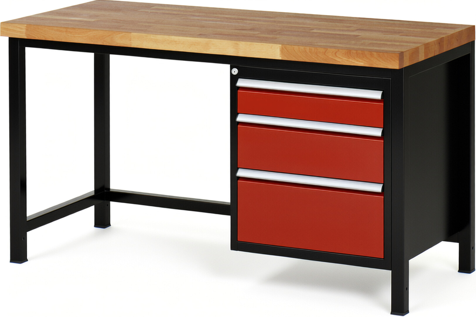 RAU Werkbank schwarz - rot - Breite 150 cm - Tiefe 70 cm - Höhe 104 cm - Buche-Massiv Arbeitsplatte 40 mm