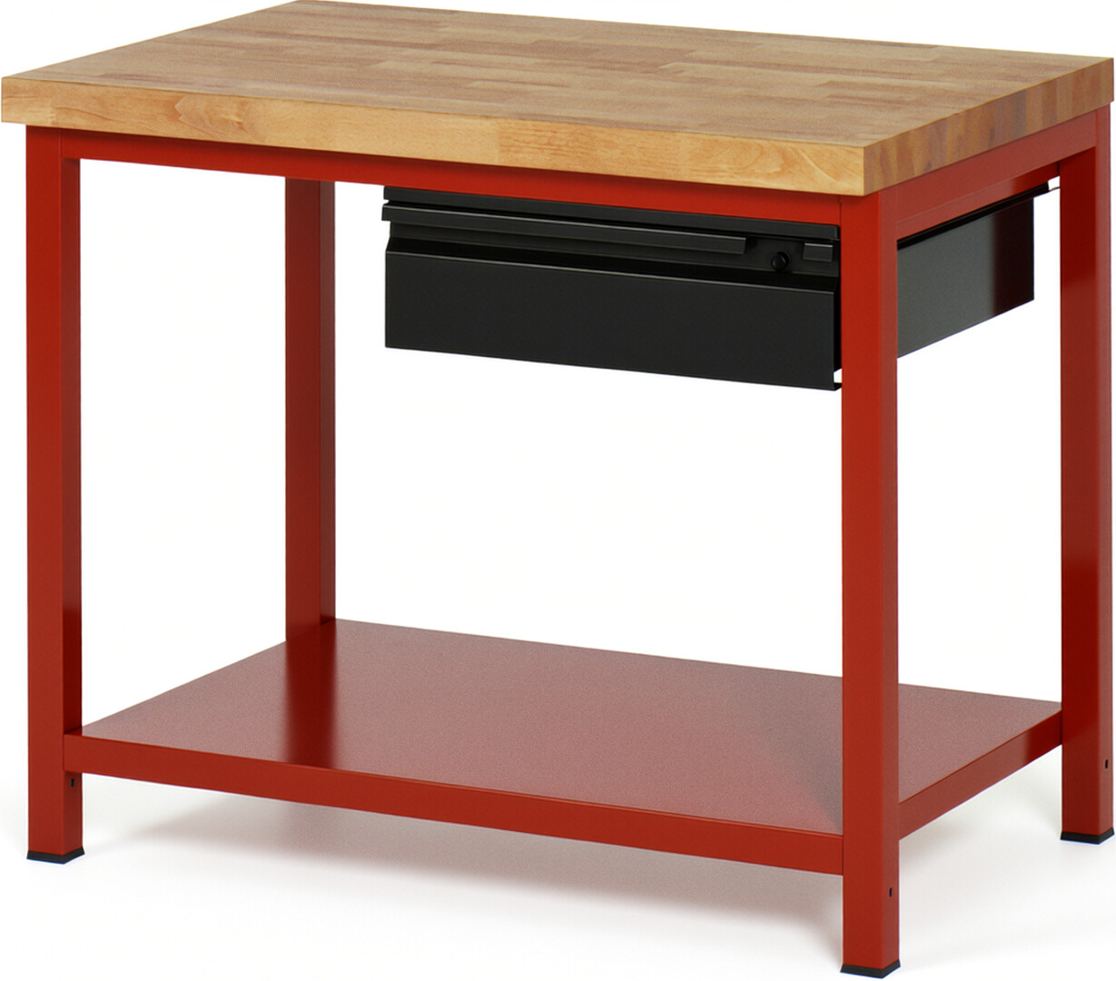 Werkbank rot - schwarz, BxTxH 1000x700x840-1040 mm, Platte Buche 40 mm, inkl. Stahlblech-Ablageboden, 1x 150 mm Hängeschublade, RAL 3000/9011