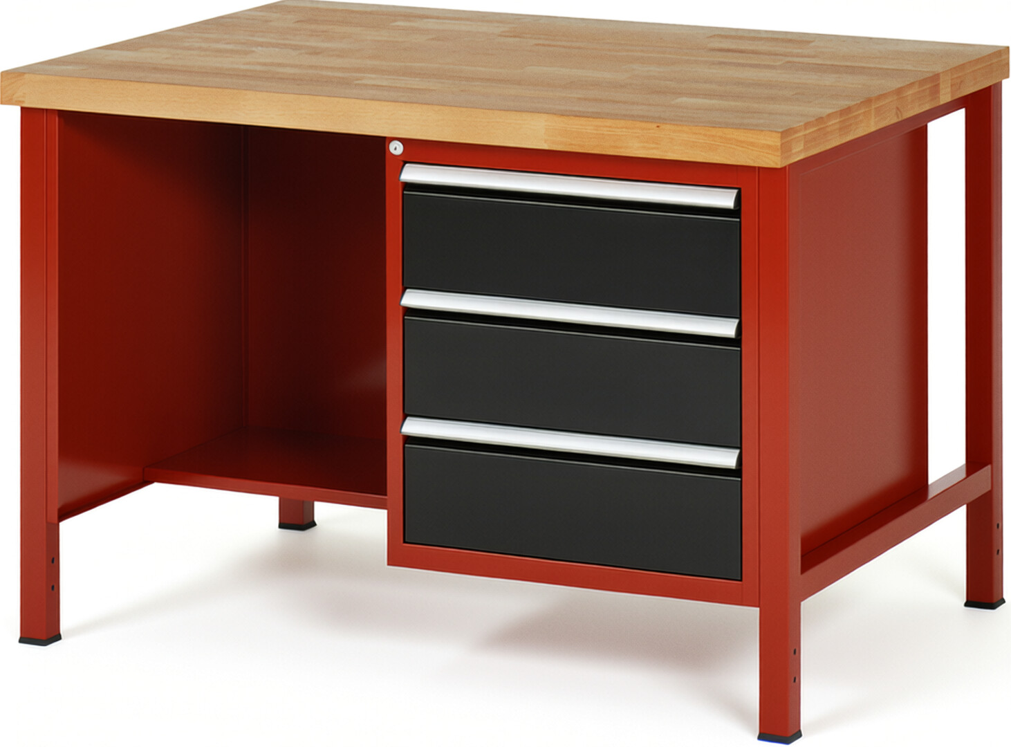 Werkbank Modell 8452 rot - schwarz, BxTxH 1250x900x840-1040 mm,  Buche-Massiv Arbeitsplatte 40 mm,  3 Schubladen mit  Vollauszug 100 % und  SoftClosing