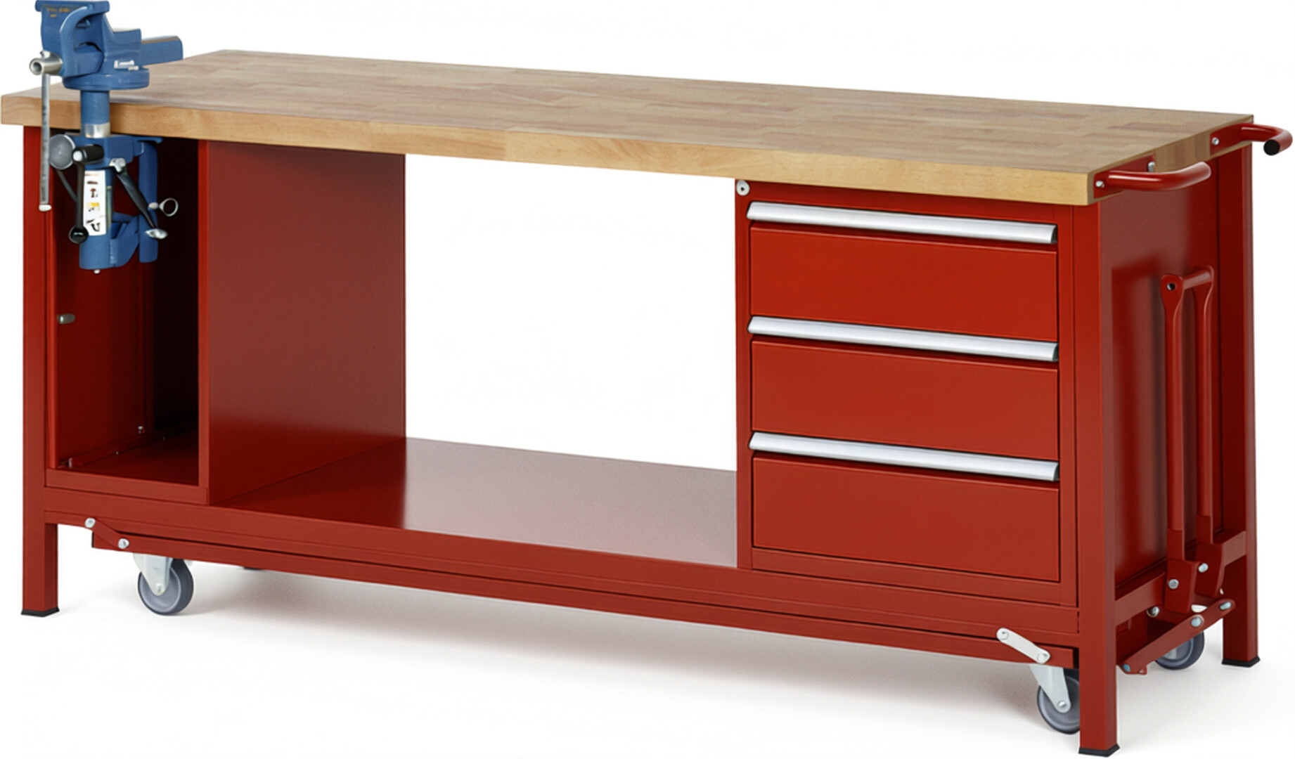 Absenkbare Werkbank Modell 8183 rot, BxTxH 2000x700x880 mm,  Buche-Massiv Arbeitsplatte 40 mm,  3 Schubladen mit  Auszug 90 %