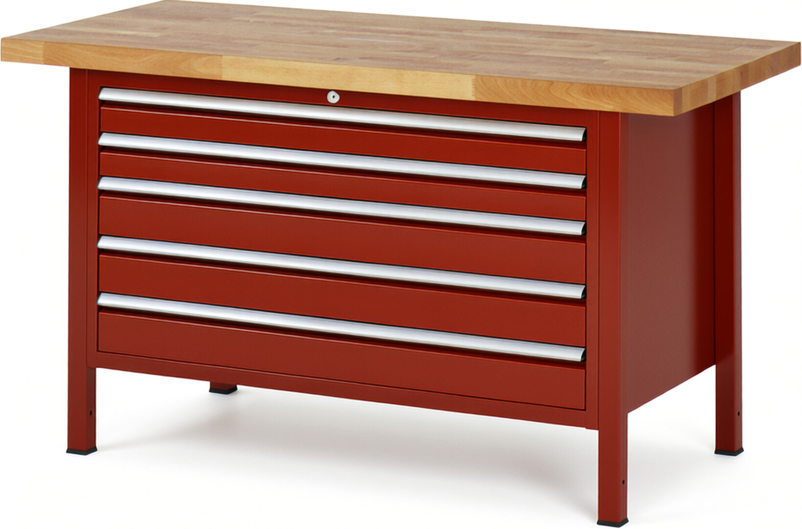 Werkbank Modell 8371 rot, BxTxH 1500x700x840-1040 mm,  Buche-Massiv Arbeitsplatte 40 mm,  5 Schubladen mit  Vollauszug 100 % und  SoftClosing