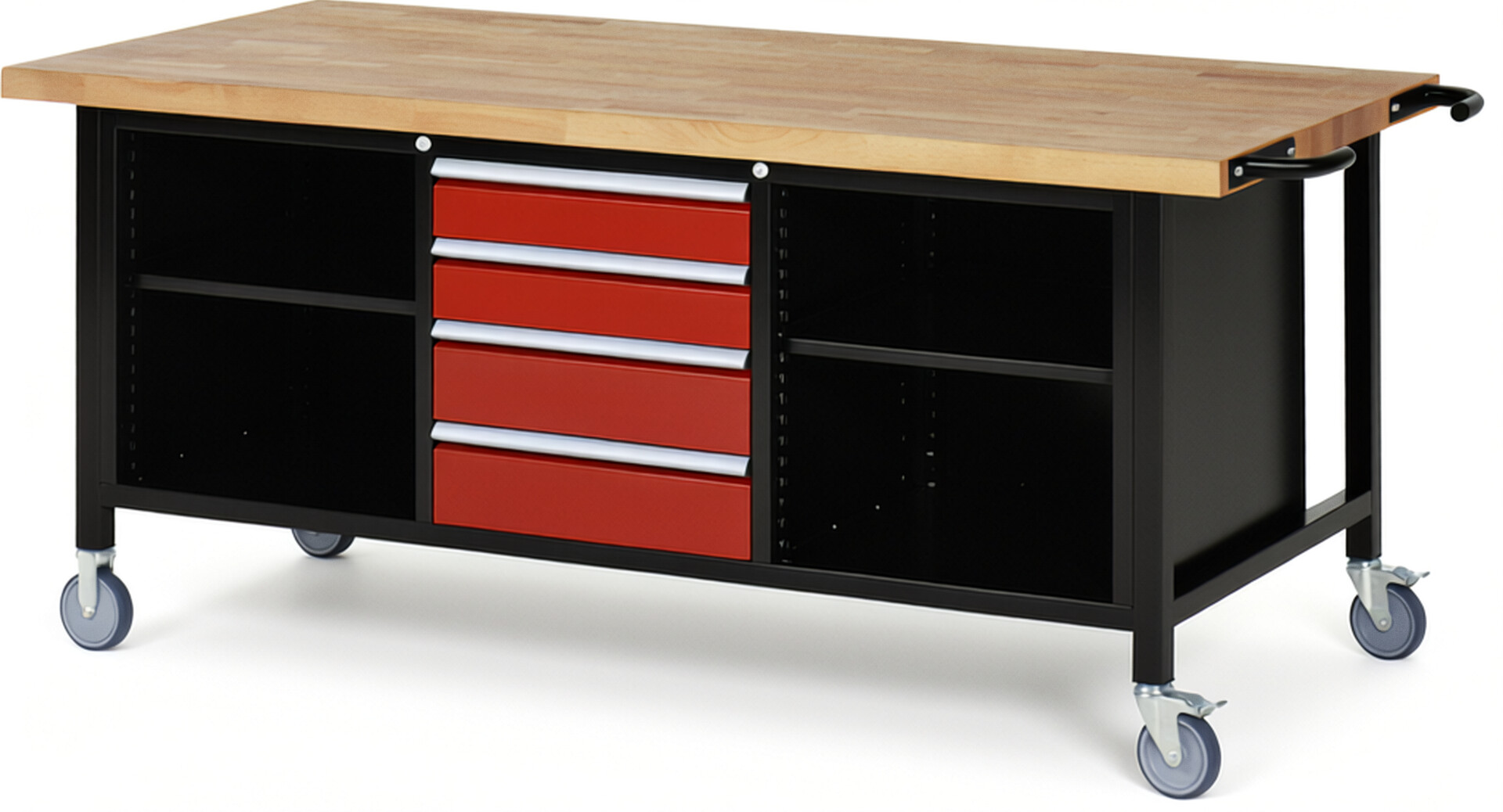 Fahrbare Werkbank Modell 8566 schwarz-rot, BxTxH 2000x900x880 mm,  Buche-Massiv Arbeitsplatte 40 mm,  4 Schubladen mit  Vollauszug 100 % und  SoftClosing