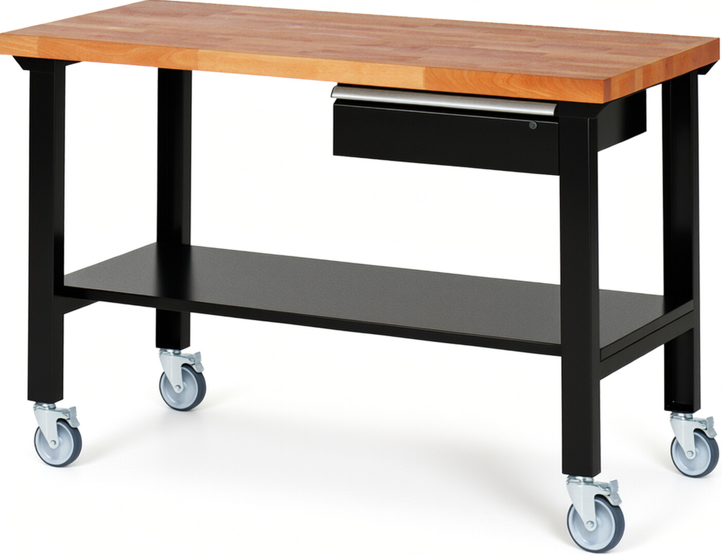 RAU Werkbank schwarz - Breite 150 cm - Tiefe 70 cm - Höhe 100 cm - Buche-Massiv Arbeitsplatte 40 mm