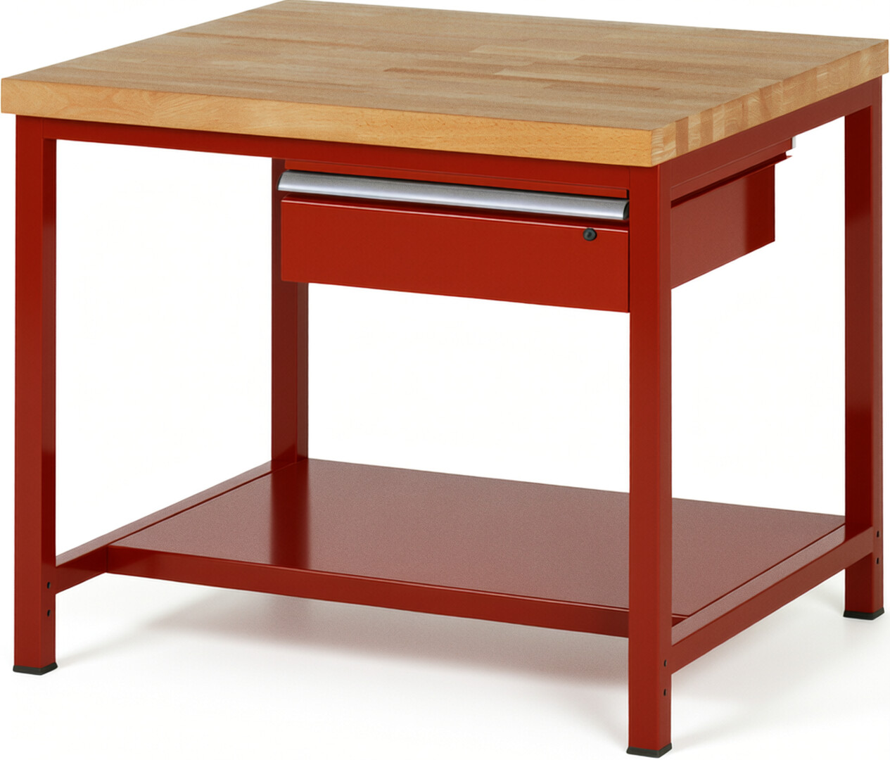 Werkbank Modell 8001 rot, BxTxH 1000x900x840-1040 mm,  Buche-Massiv Arbeitsplatte 40 mm,  1 Schublade mit  Auszug 90 %