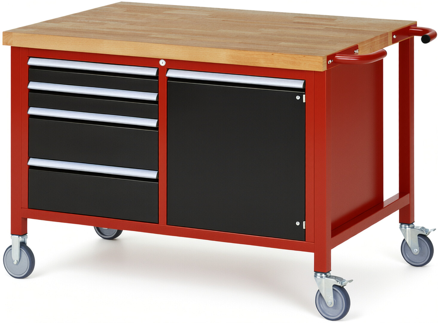 Fahrbare Werkbank Modell 8470 rot - schwarz, BxTxH 1250x900x880 mm,  Buche-Massiv Arbeitsplatte 40 mm,  4 Schubladen mit  Vollauszug 100 % und  SoftClosing