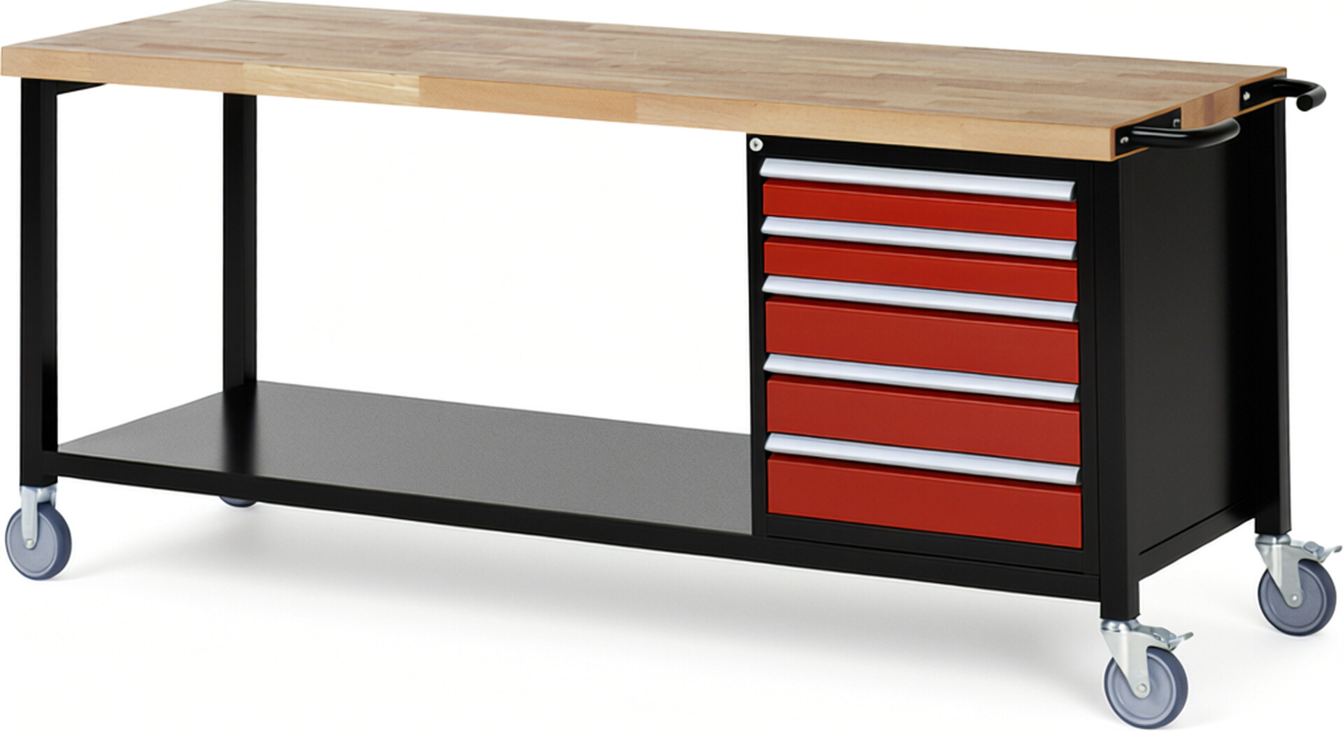 RAU Werkbank schwarz - rot - Breite 200 cm - Tiefe 70 cm - Höhe 108 cm - Buche-Massiv Arbeitsplatte 40 mm