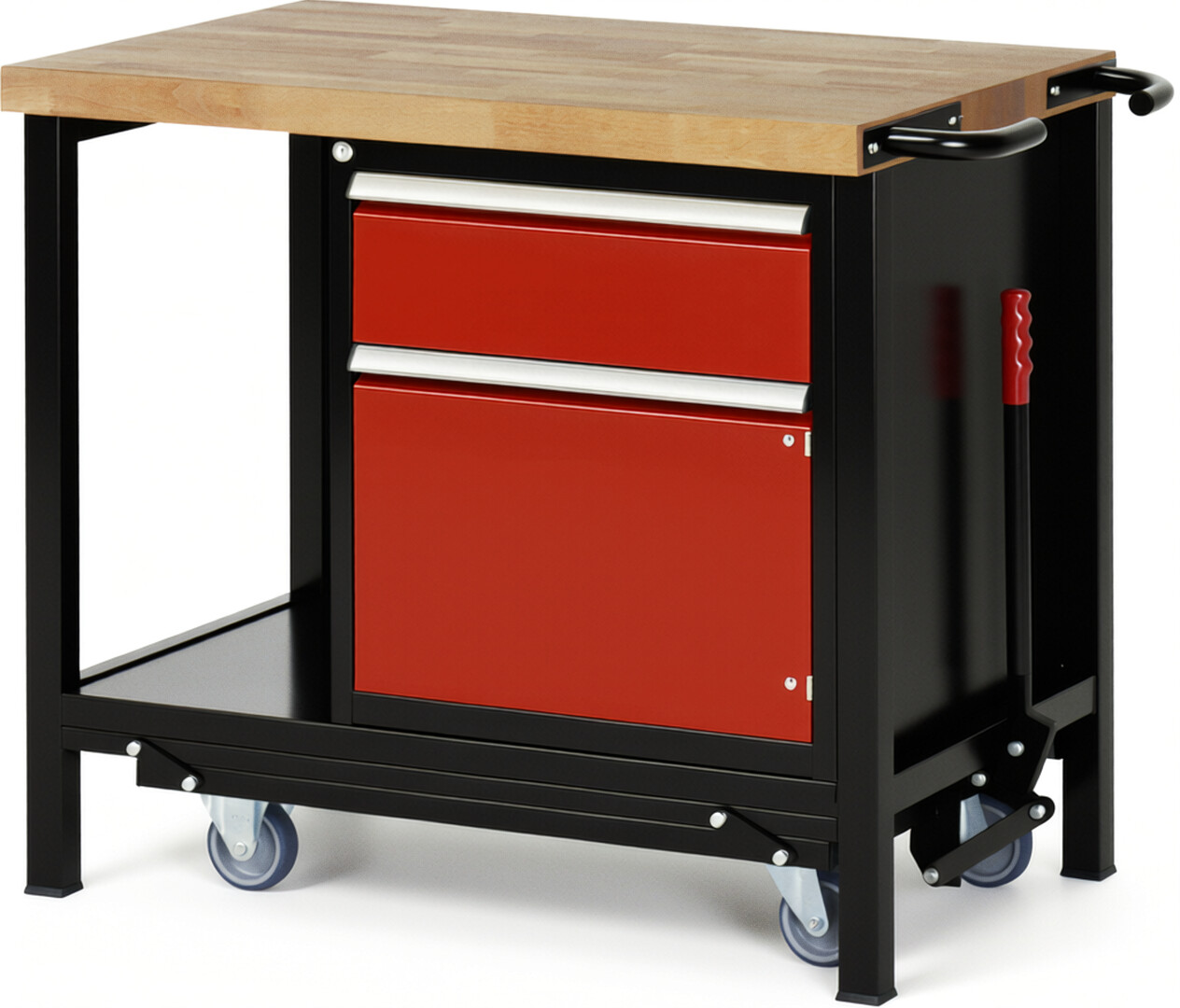 RAU Werkbank schwarz - rot - Breite 100 cm - Tiefe 70 cm - Höhe 88 cm - Buche-Massiv Arbeitsplatte 40 mm