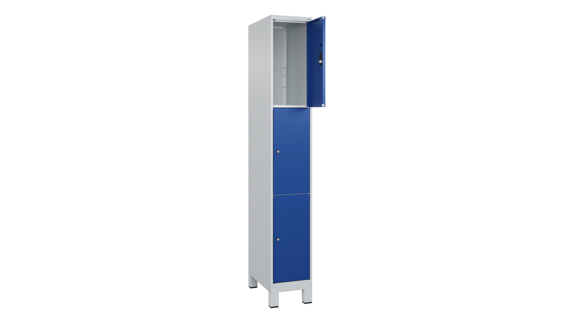Fächerschrank, BxTxH 300x500x1.950 mm, 1x3 Fächer, Abteilbreite 300 mm, Füße, Schloss, glatte Türen, RAL 7035/5010