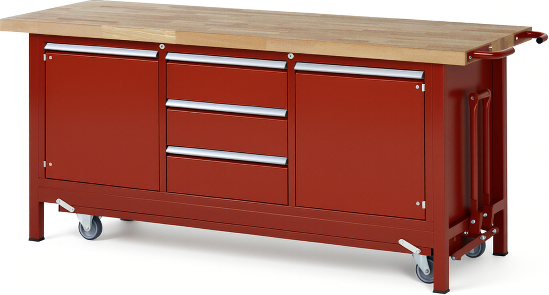 Absenkbare Werkbank Modell 8569 rot, BxTxH 2000x700x880 mm,  Buche-Massiv Arbeitsplatte 40 mm,  3 Schubladen mit  Vollauszug 100 % und  SoftClosing