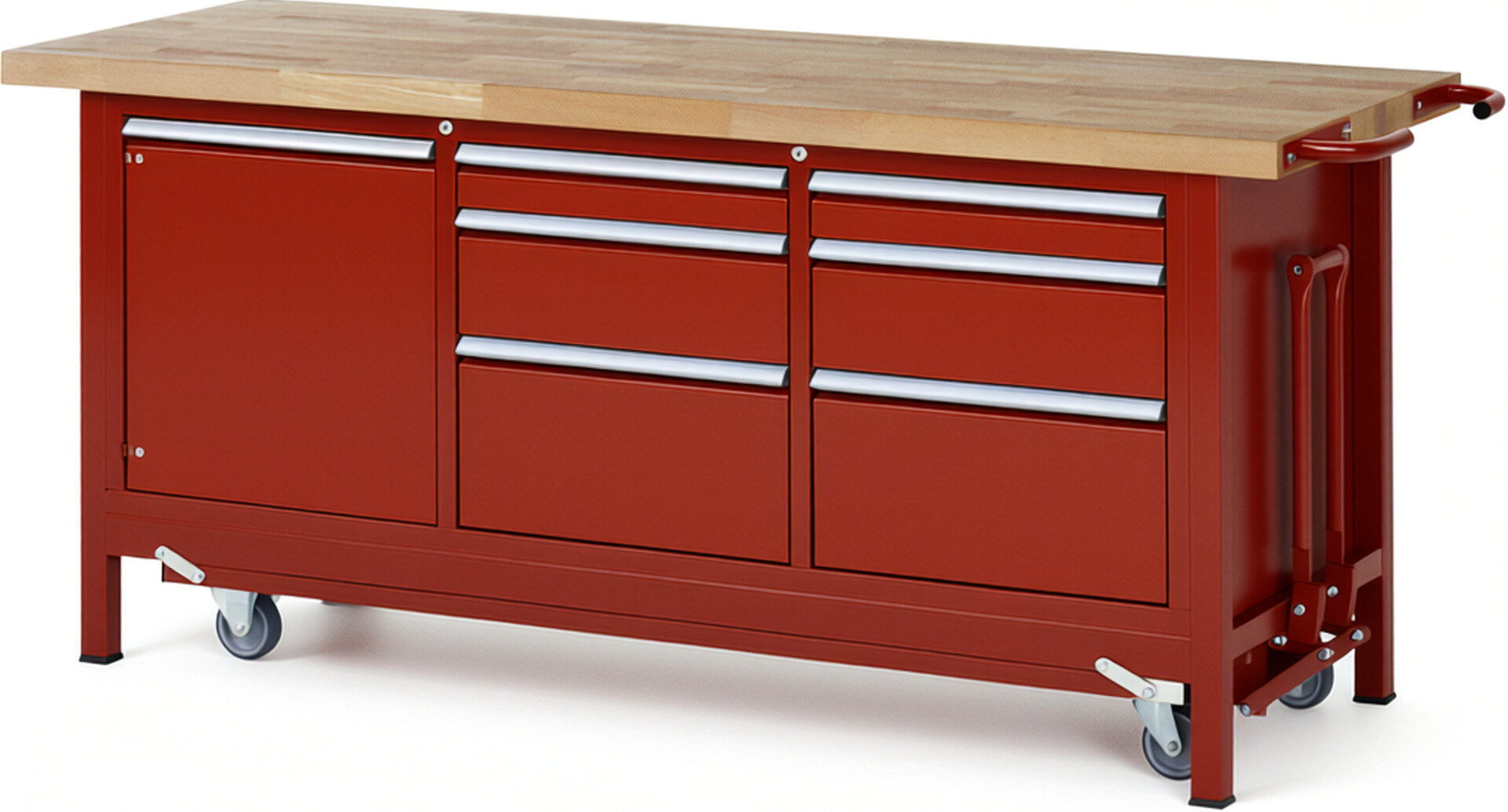 Absenkbare Werkbank Modell 8570 rot, BxTxH 2000x700x880 mm,  Buche-Massiv Arbeitsplatte 40 mm,  6 Schubladen mit  Vollauszug 100 % und  SoftClosing