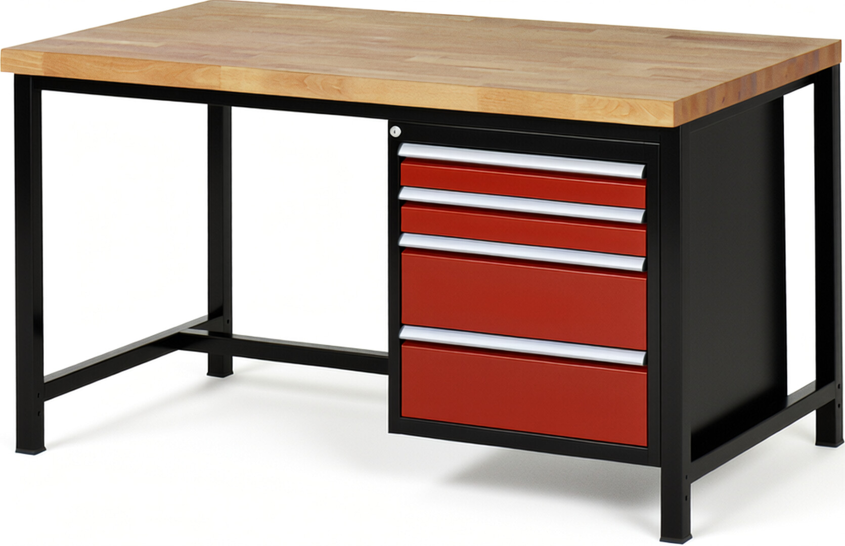 RAU Werkbank schwarz - rot - Breite 150 cm - Tiefe 90 cm - Höhe 84 cm - Buche-Massiv Arbeitsplatte 40 mm