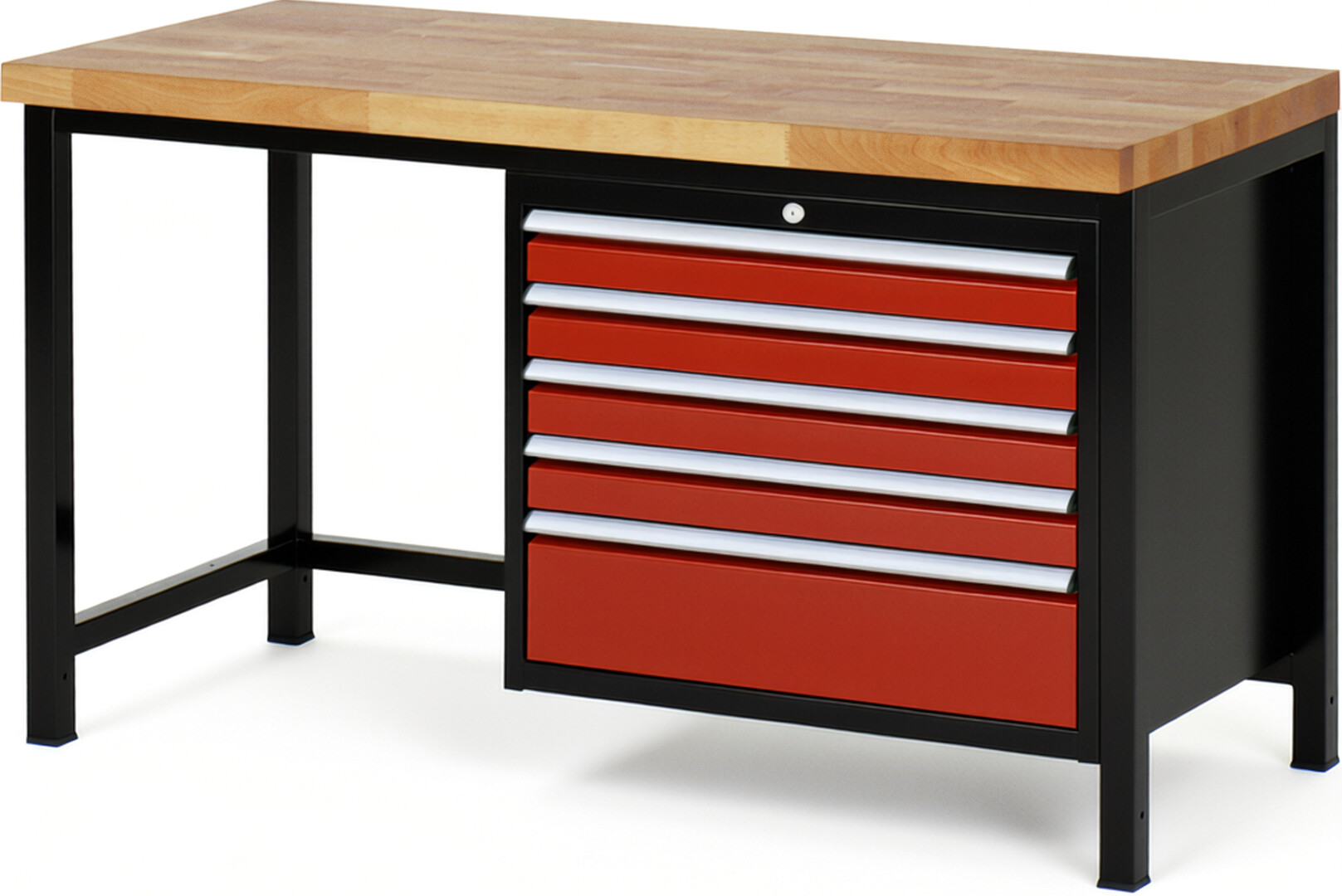 Werkbank Modell 8268 schwarz-rot, BxTxH 1500x700x840-1040 mm,  Buche-Massiv Arbeitsplatte 40 mm,  5 Schubladen mit  Auszug 90 %