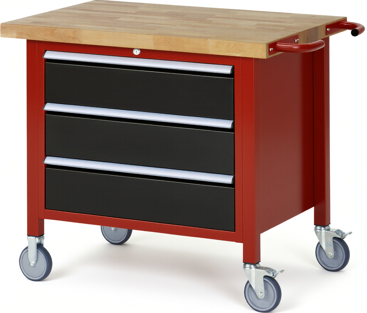 RAU Werkbank rot - schwarz - Breite 100 cm - Tiefe 70 cm - Höhe 108 cm - Buche-Massiv Arbeitsplatte 40 mm