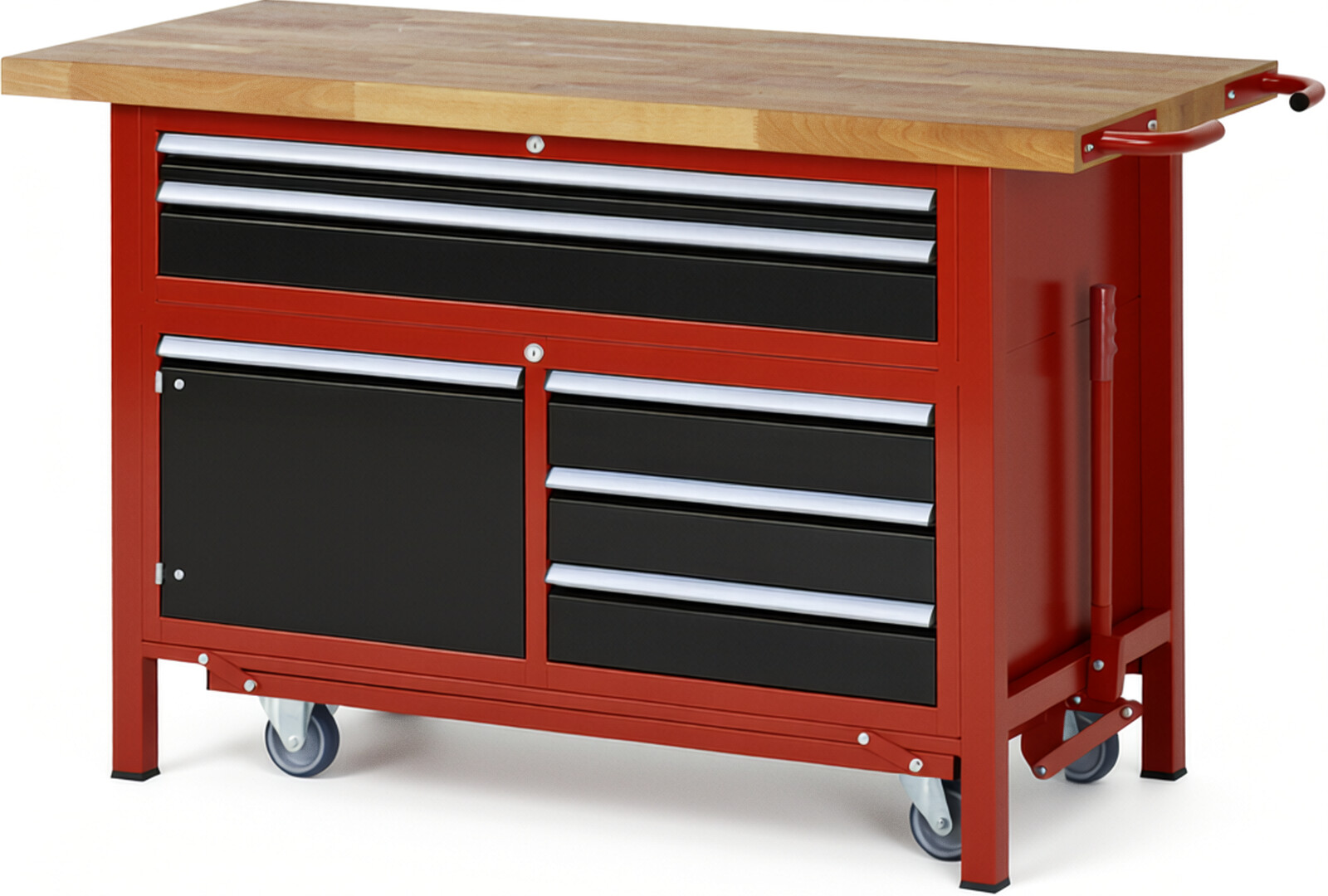 Absenkbare Werkbank Modell 8922 rot - schwarz, BxTxH 1500x700x920 mm,  Buche-Massiv Arbeitsplatte 40 mm,  5 Schubladen mit  Vollauszug 100 % und  SoftClosing