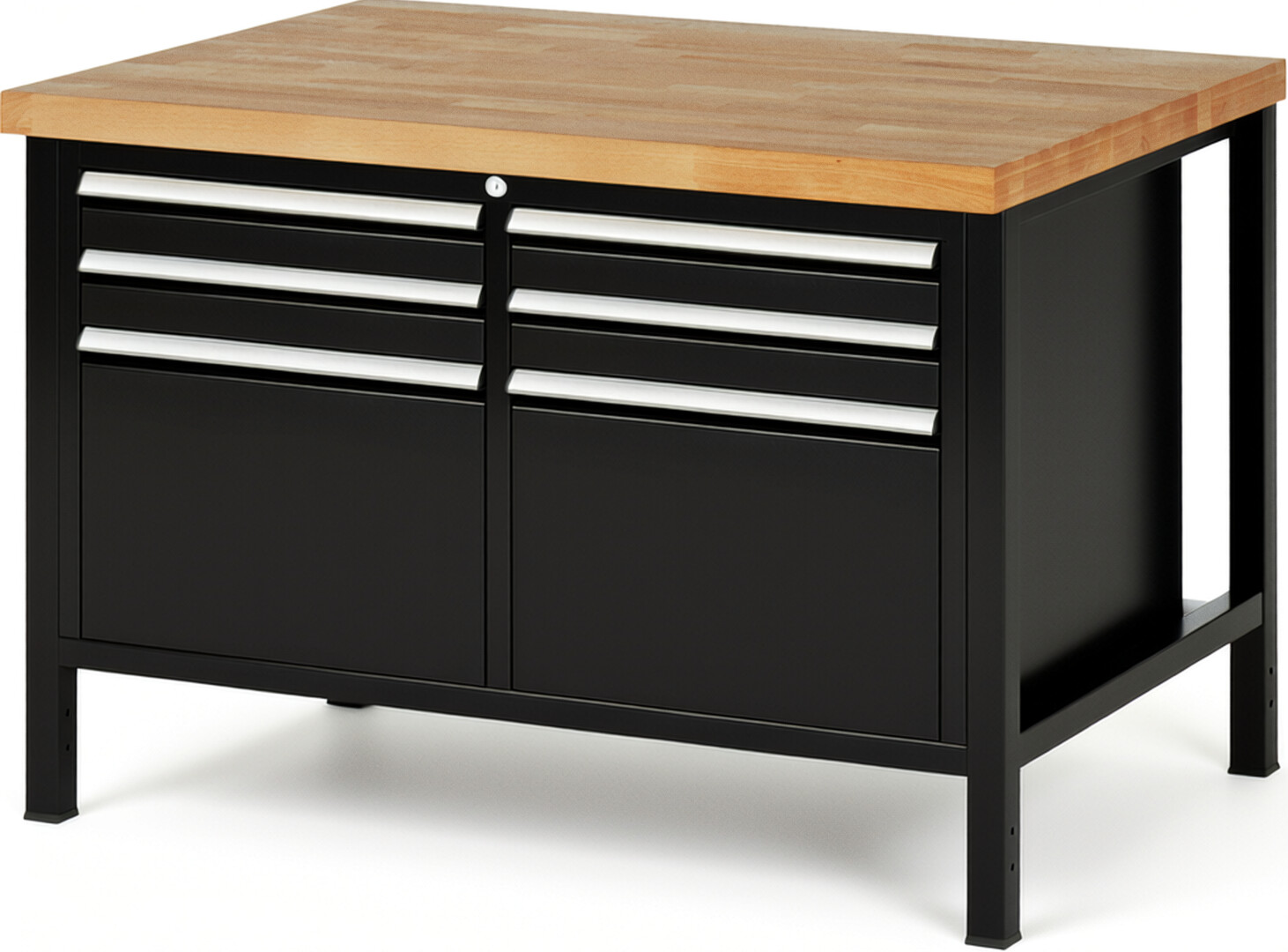 Werkbank Modell 8474 schwarz, BxTxH 1250x900x840 mm,  Buche-Massiv Arbeitsplatte 40 mm,  6 Schubladen mit  Vollauszug 100 % und  SoftClosing