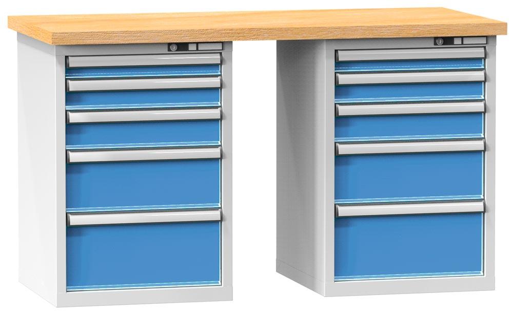 Werkbank, BxTxH 1500x700x880mm, 2 Schubladenblöcke, je 2 Schubladen 75, 100, 125, 200, 250 mm Traglast 1100 kg, RAL 7035/5012