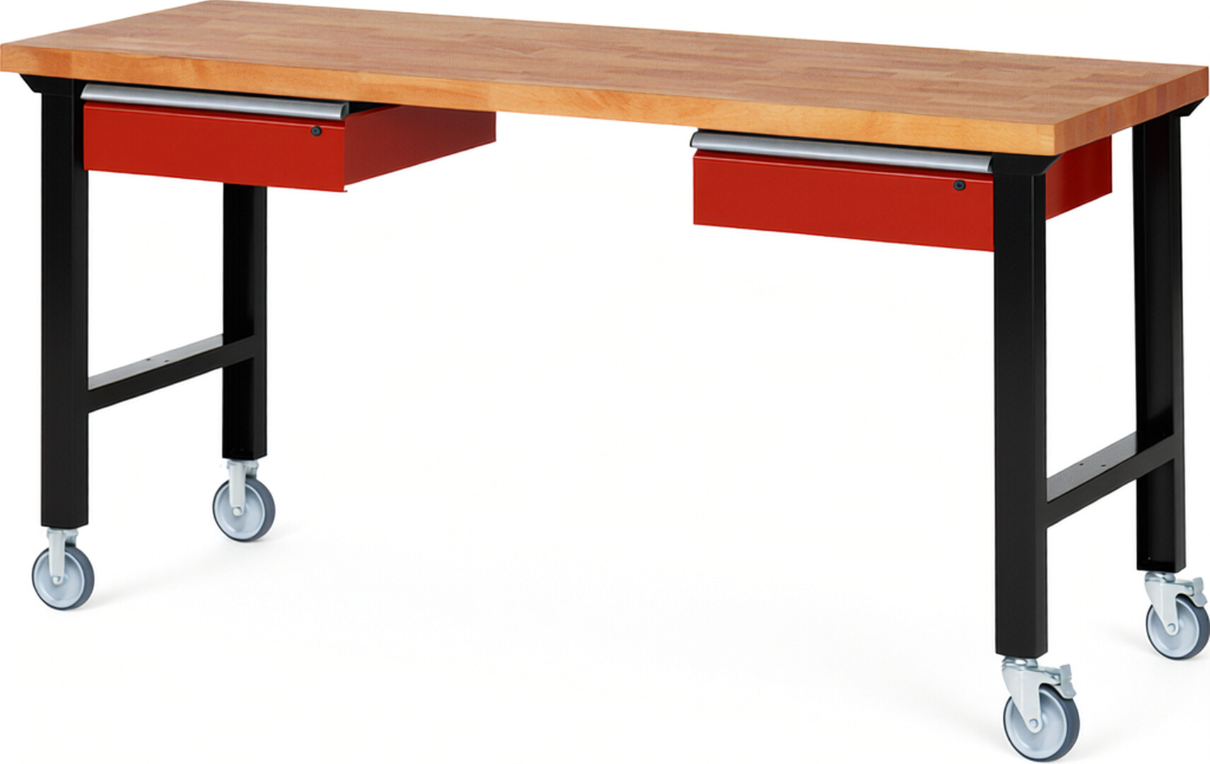 Fahrbare Werkbank Modell 7002 schwarz-rot, BxTxH 2000x700x1000 mm,  Buche-Massiv Arbeitsplatte 40 mm,  2 Schubladen mit  Auszug 90 %