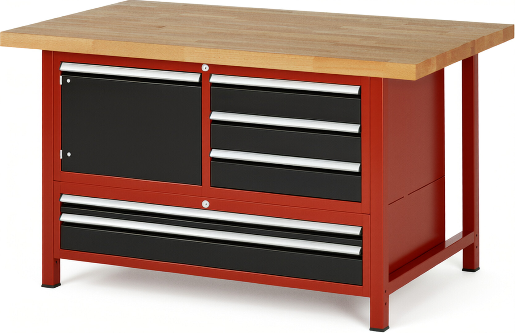 RAU Werkbank rot - schwarz - Breite 150 cm - Tiefe 90 cm - Höhe 104 cm - Buche-Massiv Arbeitsplatte 40 mm