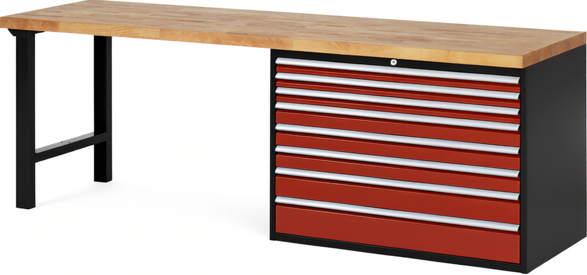 RAU Werkbank schwarz - rot - Breite 250 cm - Tiefe 70 cm - Höhe 89 cm - Buche-Massiv Arbeitsplatte 40 mm