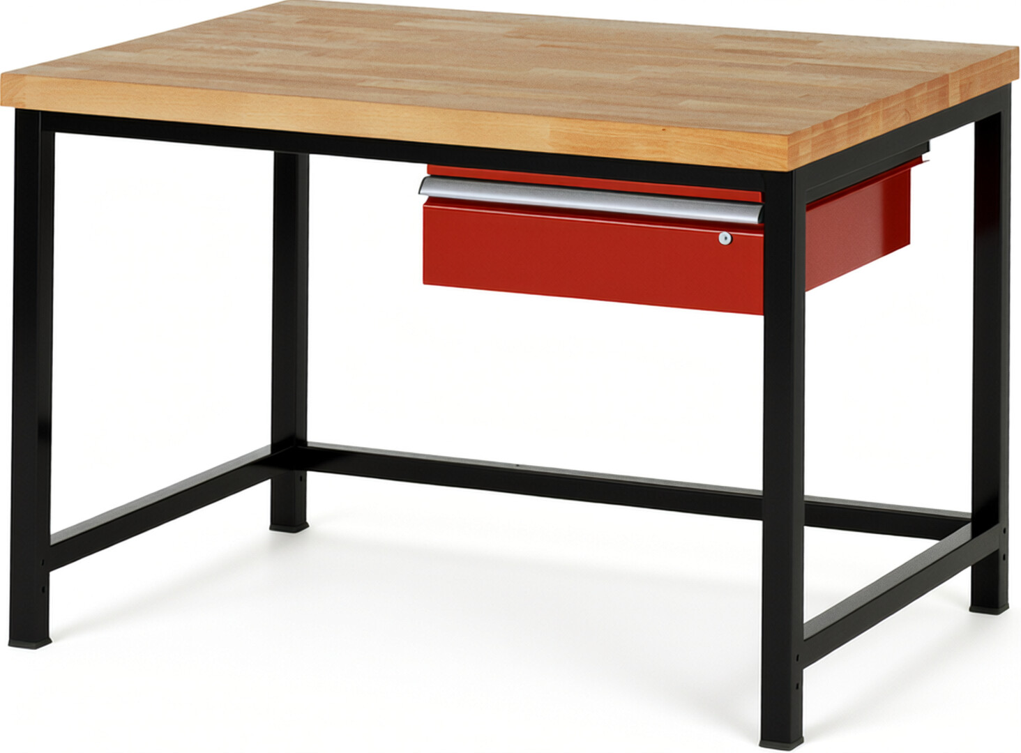 RAU Werkbank schwarz - rot - Breite 125 cm - Tiefe 90 cm - Höhe 104 cm - Buche-Massiv Arbeitsplatte 40 mm