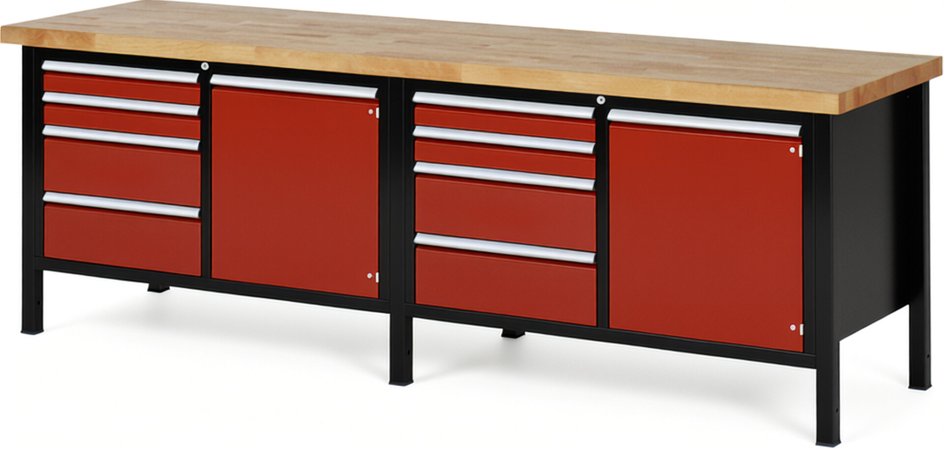 RAU Werkbank schwarz - rot - Breite 250 cm - Tiefe 70 cm - Höhe 104 cm - Buche-Massiv Arbeitsplatte 40 mm
