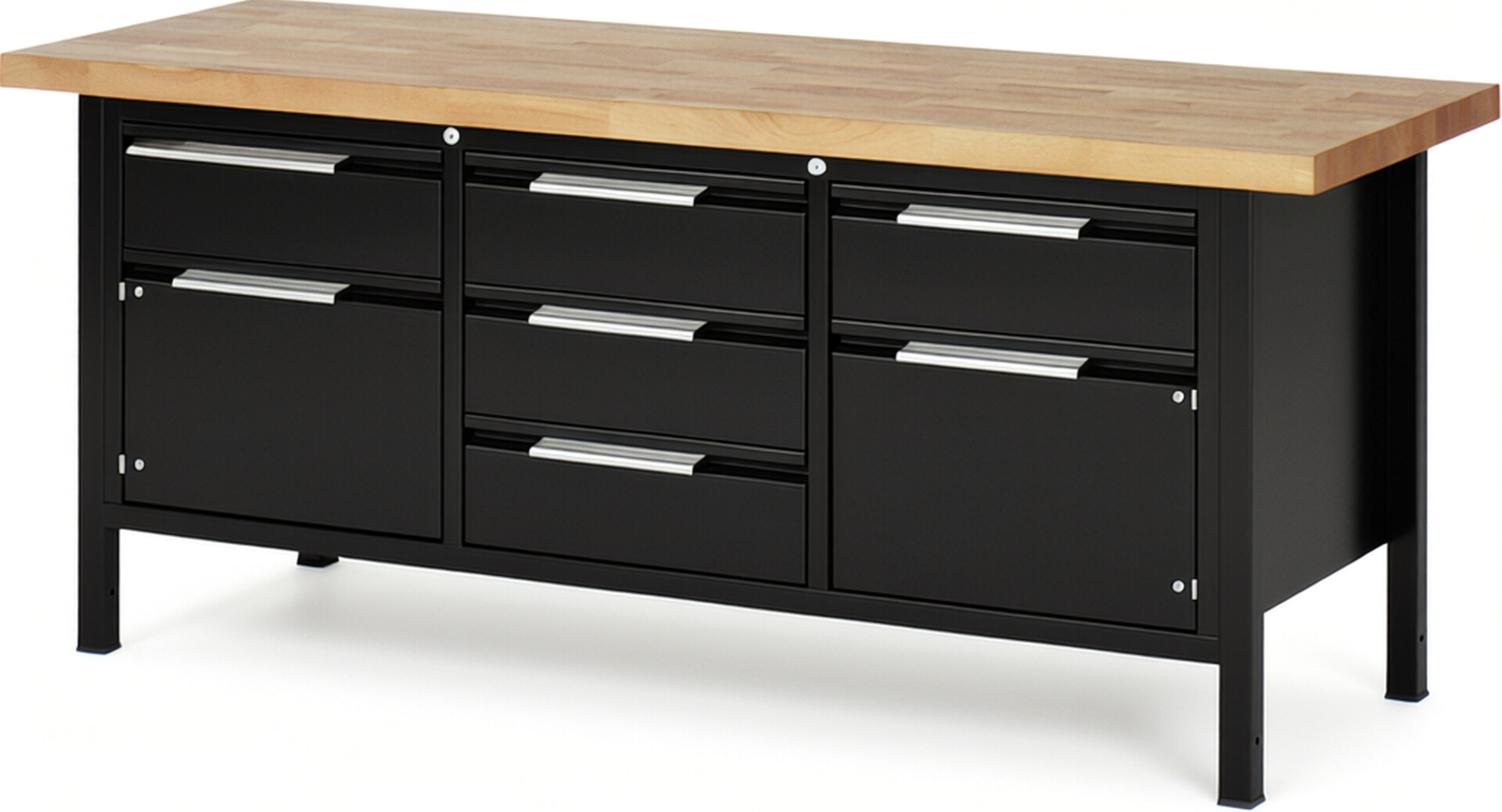 Werkbank schwarz, BxTxH 2000x700x840-1040 mm, Platte Buche 40 mm, 5 Schubladen 180 mm, 2 Türen 360 mm, RAL 9011/9011