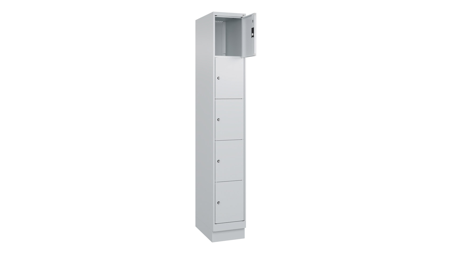Fächerschrank, BxTxH 300x500x1.950 mm, 1x5 Fächer, Abteilbreite 300 mm, Sockel, Schloss, glatte Türen, RAL 7035