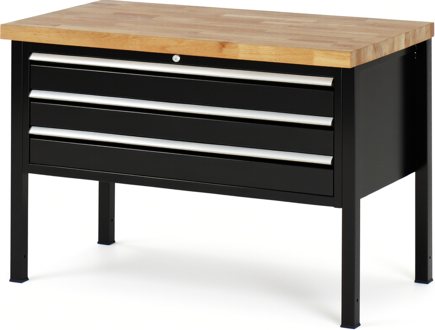 Werkbank Modell 8327 schwarz, BxTxH 1250x700x840-1040 mm,  Buche-Massiv Arbeitsplatte 40 mm,  3 Schubladen mit  Auszug 90 %