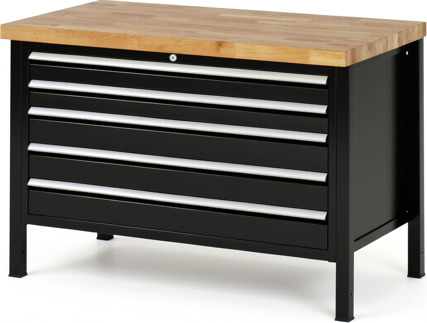 Werkbank Modell 8371 schwarz, BxTxH 1250x700x840 mm,  Buche-Massiv Arbeitsplatte 40 mm,  5 Schubladen mit  Vollauszug 100 % und  SoftClosing