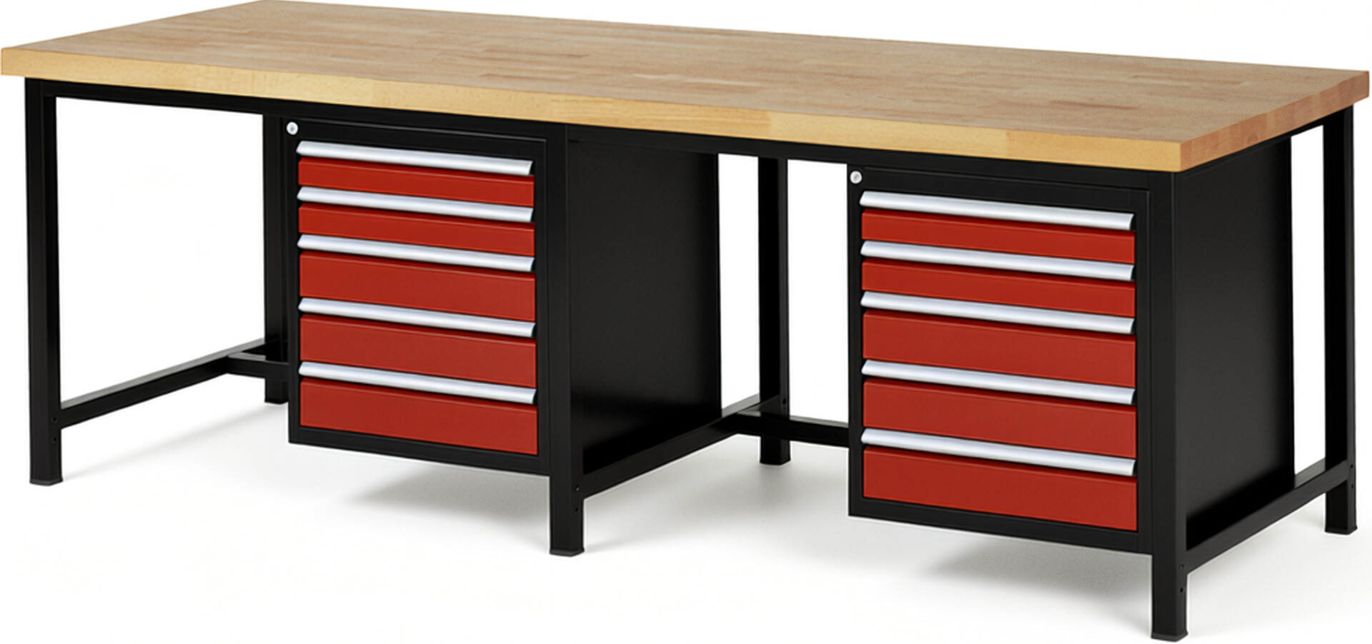 RAU Werkbank schwarz - rot - Breite 250 cm - Tiefe 90 cm - Höhe 104 cm - Buche-Massiv Arbeitsplatte 40 mm