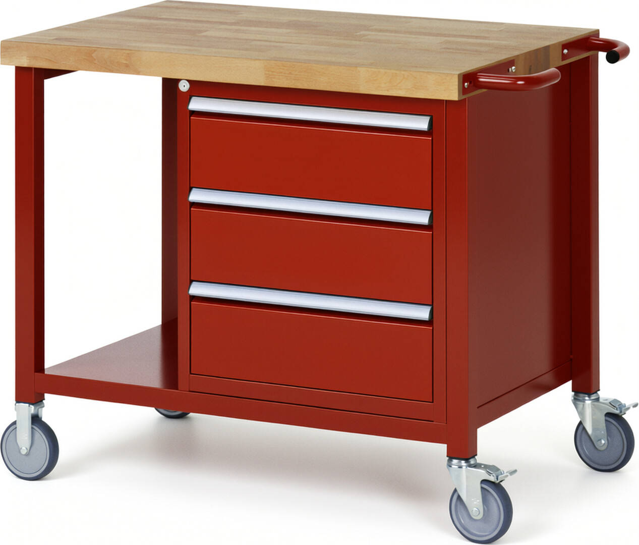 Fahrbare Werkbank Modell 8157 rot, BxTxH 1000x700x880-1080 mm,  Buche-Massiv Arbeitsplatte 40 mm,  3 Schubladen mit  Vollauszug 100 % und  SoftClosing