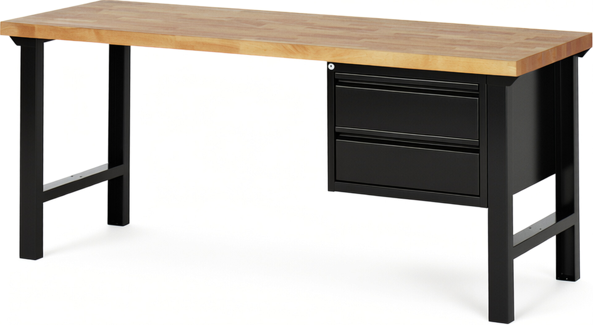 Werkbank schwarz, Breite 200 cm, Tiefe 70 cm, Höhe 84 cm, 2 Schublade(n), Platte: Buche-Massiv-Arbeitsplatte