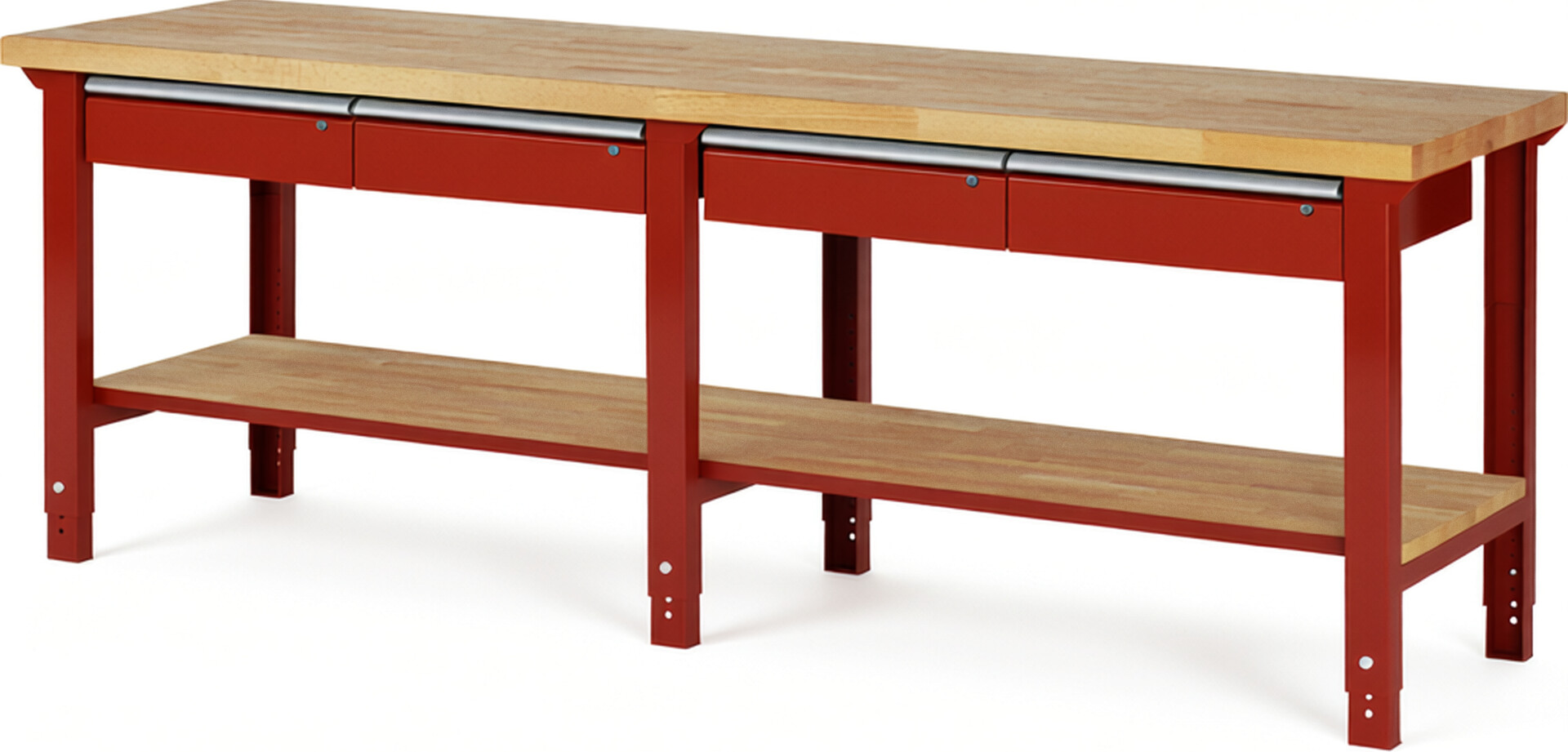 Werkbank Modell 7002 rot, BxTxH 2500x700x790-1140 mm,  Buche-Massiv Arbeitsplatte 40 mm,  4 Schubladen mit  Auszug 90 %