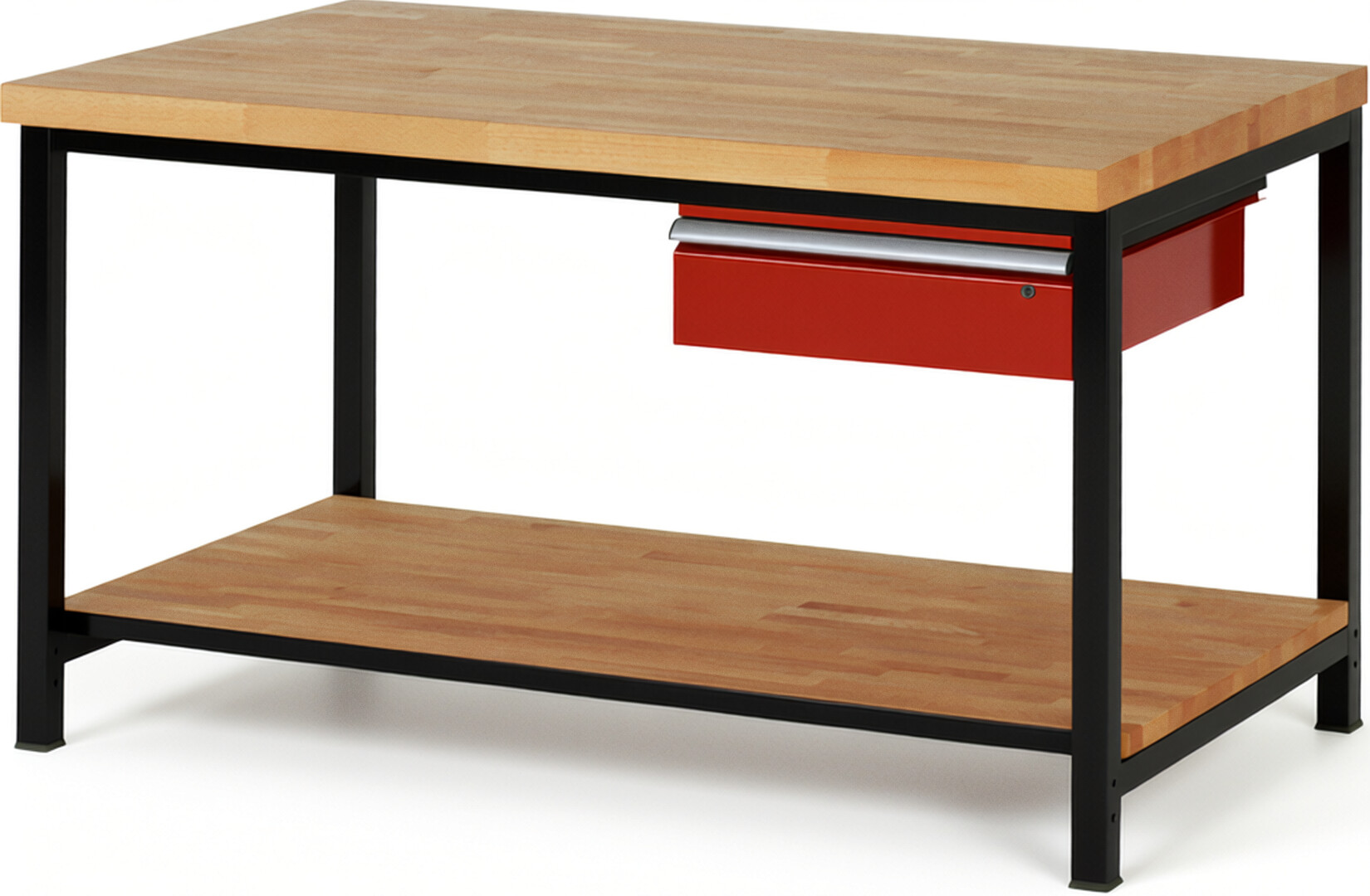 RAU Werkbank schwarz - rot - Breite 150 cm - Tiefe 90 cm - Höhe 104 cm - Buche-Massiv Arbeitsplatte 40 mm