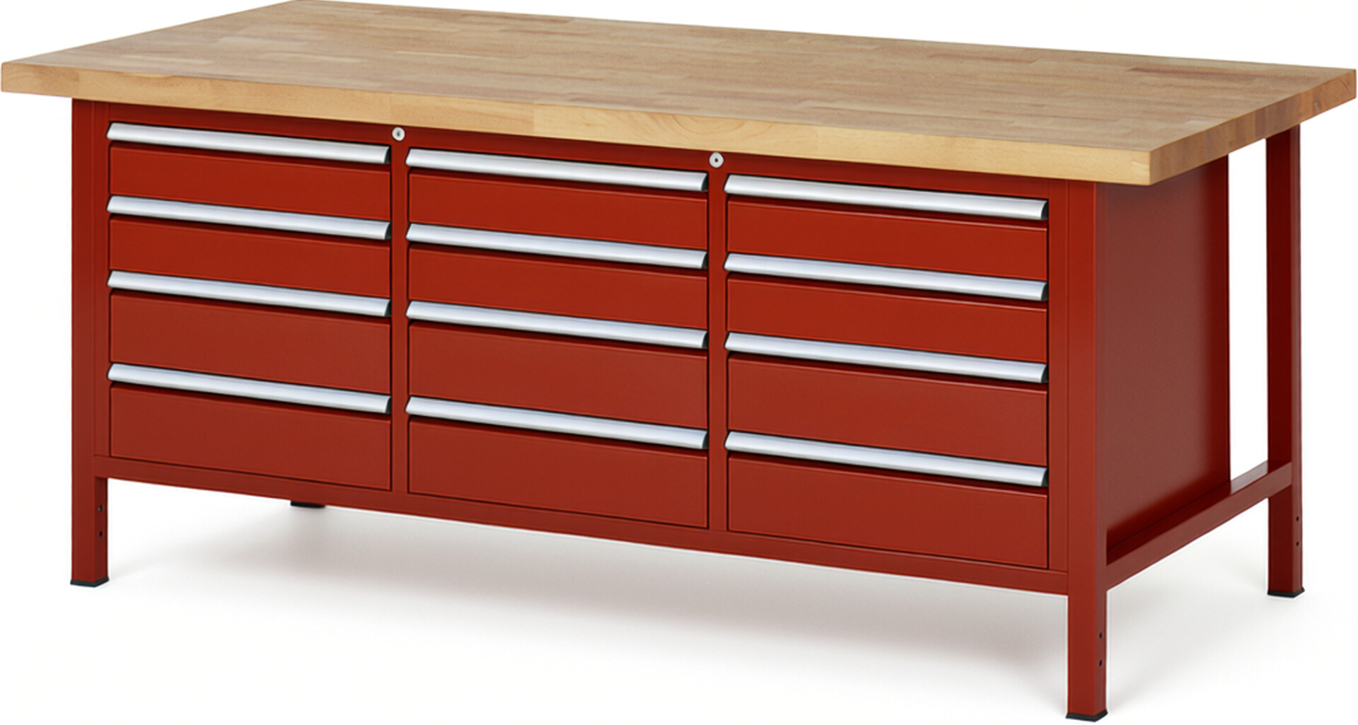 Werkbank Modell 8579 rot, BxTxH 2000x900x840-1040 mm,  Buche-Massiv Arbeitsplatte 40 mm,  12 Schubladen mit  Auszug 90 %