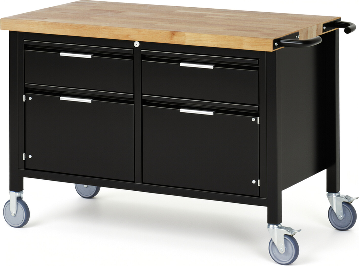 Fahrbare Werkbank - Modell 8466 BASIC schwarz, BxTxH 1250x700x880 mm,  Buche-Massiv Arbeitsplatte 40 mm,  2 Schubladen mit  Auszug 90 %