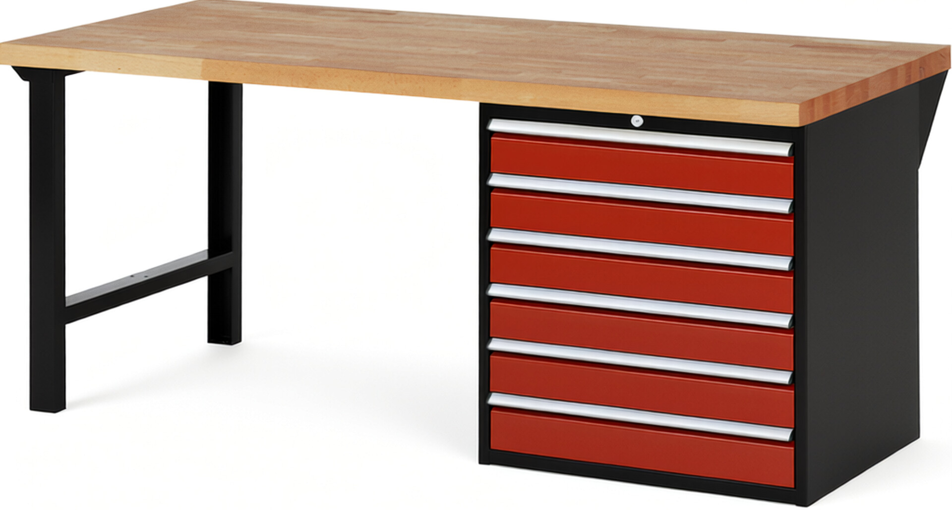 RAU Werkbank schwarz - rot - Breite 200 cm - Tiefe 90 cm - Höhe 89 cm - Buche-Massiv Arbeitsplatte 40 mm