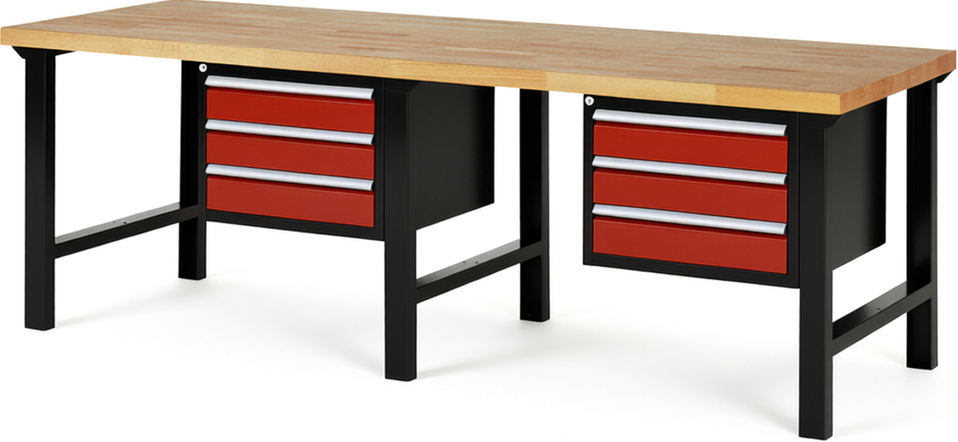 RAU Werkbank schwarz - rot - Breite 250 cm - Tiefe 90 cm - Höhe 84 cm - Buche-Massiv Arbeitsplatte 40 mm