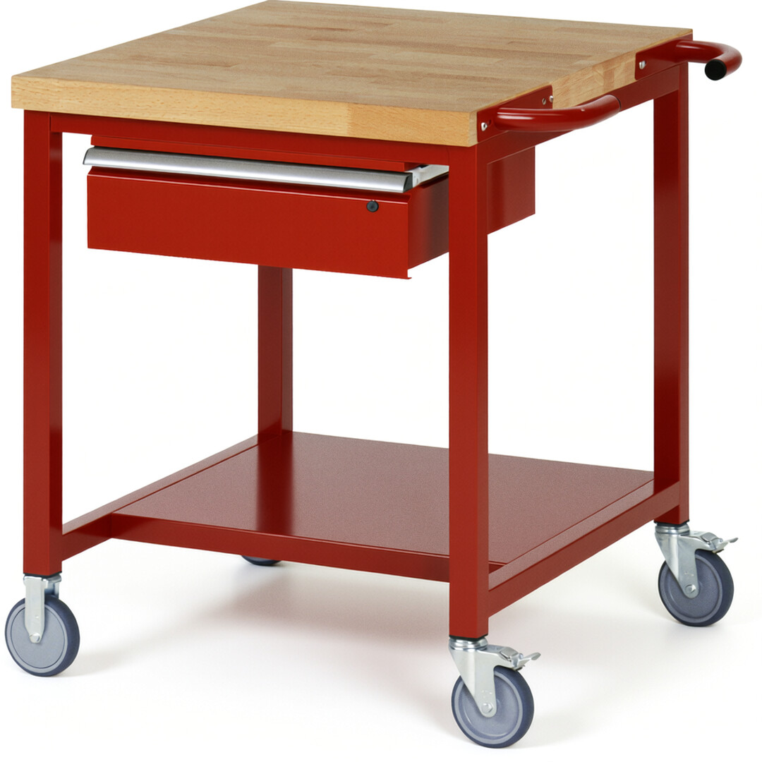 Fahrbare Werkbank Modell 8001 rot, BxTxH 750x900x880-1080 mm,  Buche-Massiv Arbeitsplatte 40 mm,  1 Schublade mit  Auszug 90 %