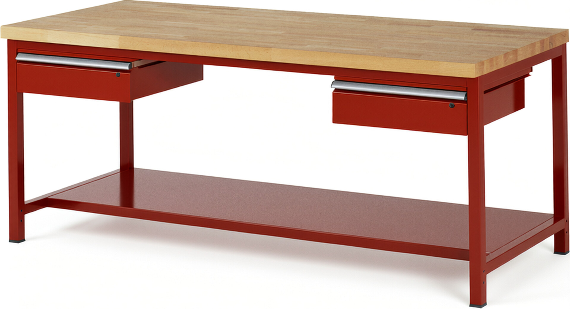 Werkbank Modell 8002 rot, BxTxH 2000x900x840-1040 mm,  Buche-Massiv Arbeitsplatte 40 mm,  2 Schubladen mit  Auszug 90 %