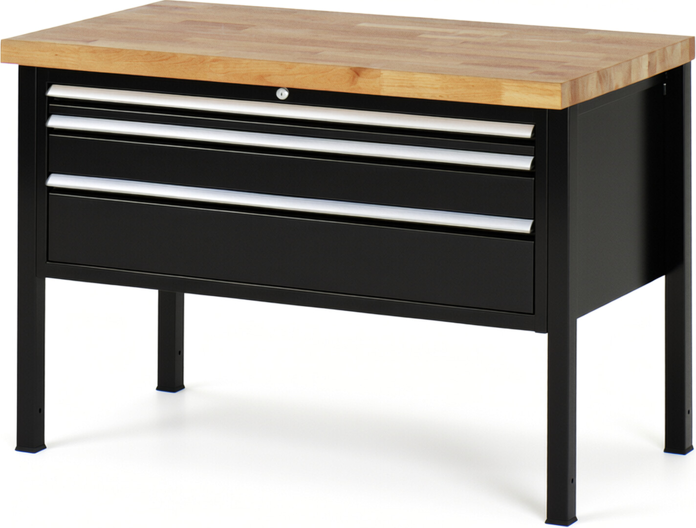 Werkbank Modell 8326 schwarz, BxTxH 1250x700x840 mm,  Buche-Massiv Arbeitsplatte 40 mm,  3 Schubladen mit  Vollauszug 100 % und  SoftClosing