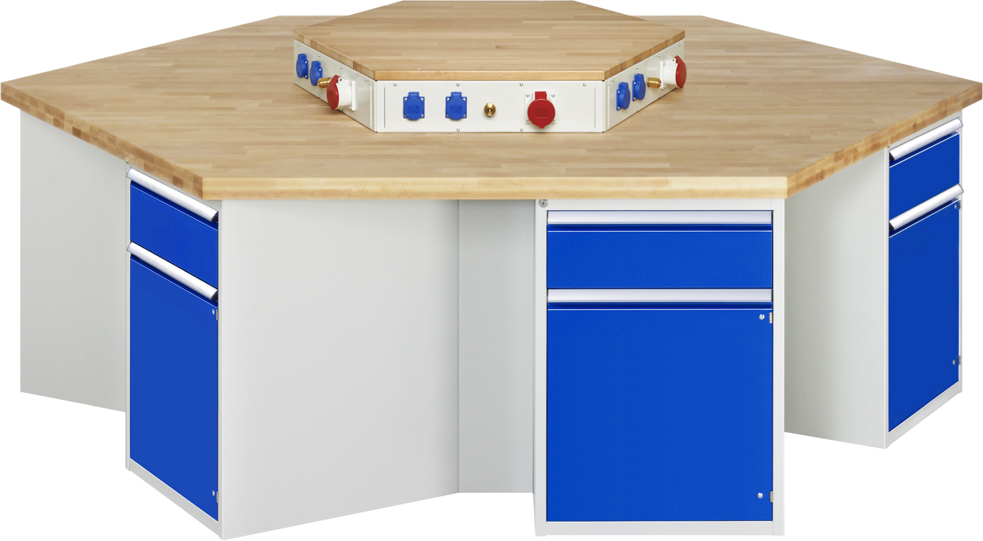 Gruppenwerkbank Modell 467,  BxTxH 2700x2340x900 mm,  Buche-Massiv Arbeitsplatte 50 mm,  6 Schubladen mit  Auszug 90 %