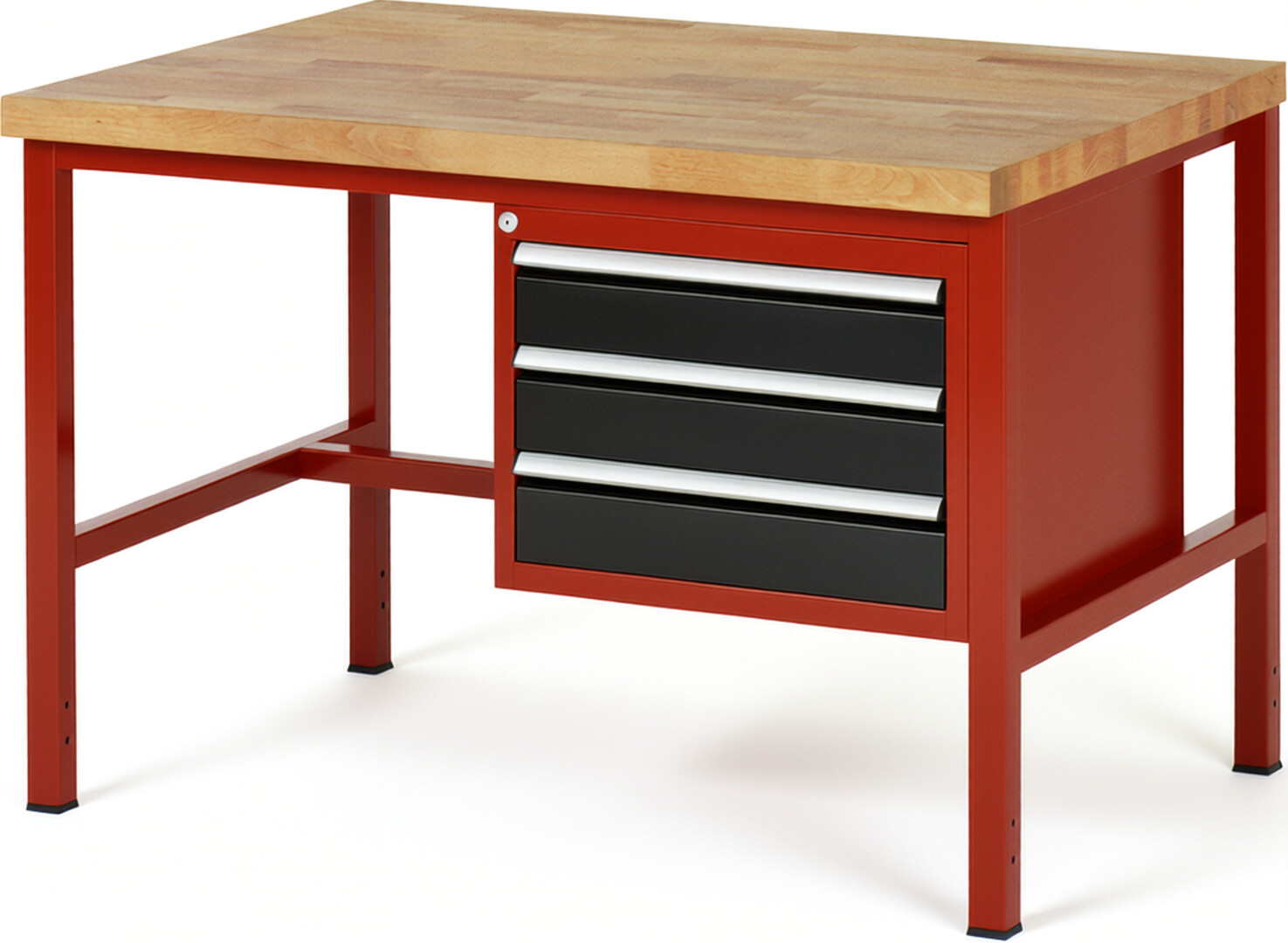 Werkbank Modell 8127 rot - schwarz, BxTxH 1250x900x840-1040 mm,  Buche-Massiv Arbeitsplatte 40 mm,  3 Schubladen mit  Vollauszug 100 % und  SoftClosing