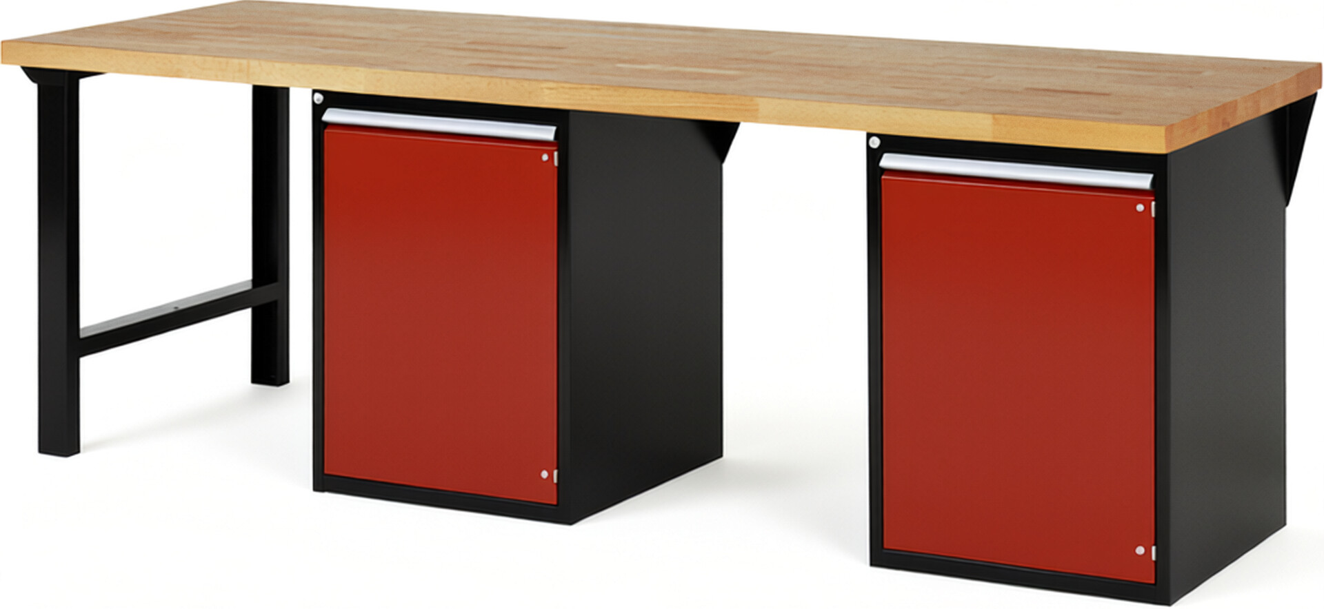 RAU Werkbank schwarz - rot - Breite 250 cm - Tiefe 90 cm - Höhe 89 cm - Buche-Massiv Arbeitsplatte 40 mm